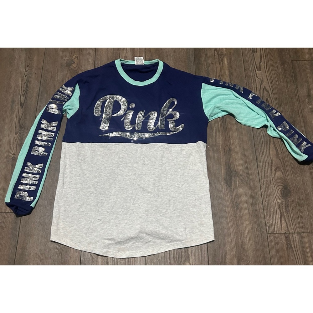 PINK Victoria's Secret Navy and Mint Long Sleeve Tee